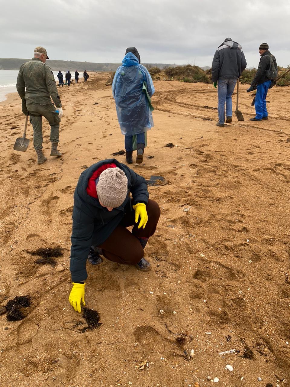 С побережья Керчи собрали более 800 мешков песка, загрязнённого мазутом